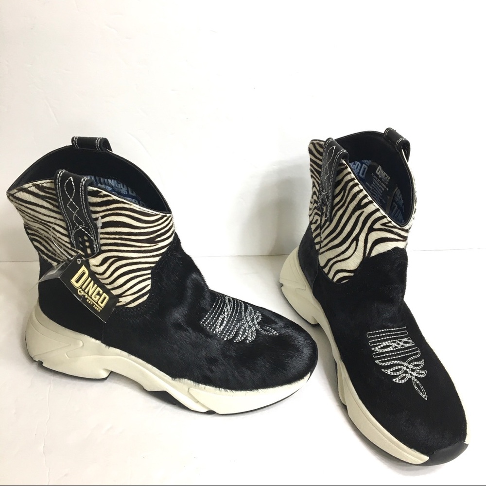Dingo Dan Post Safari Calf Hair Sneaker Boots Black Zebra Size 7